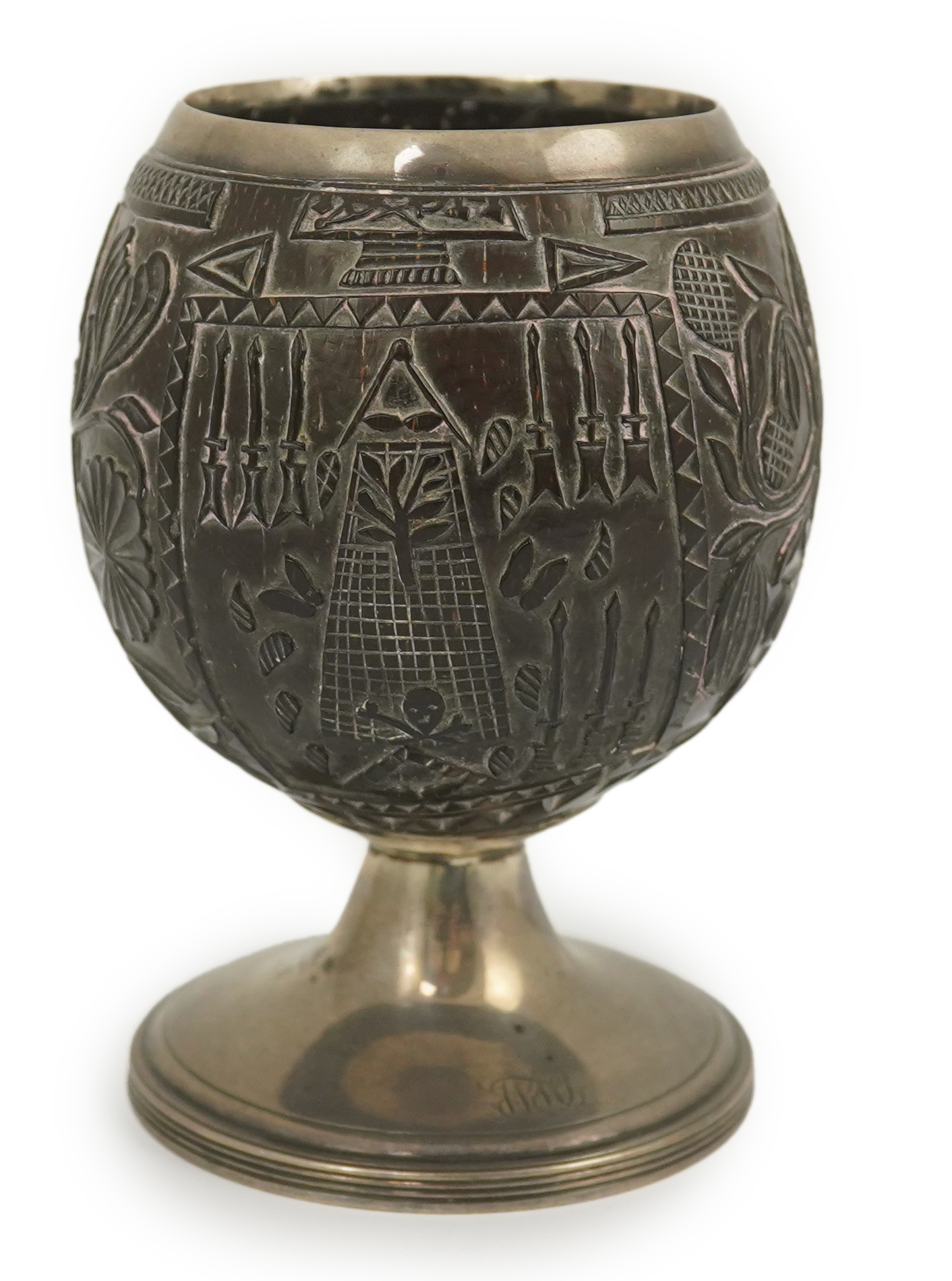 A George III silver mounted 'Masonic' coconut cup, maker GW